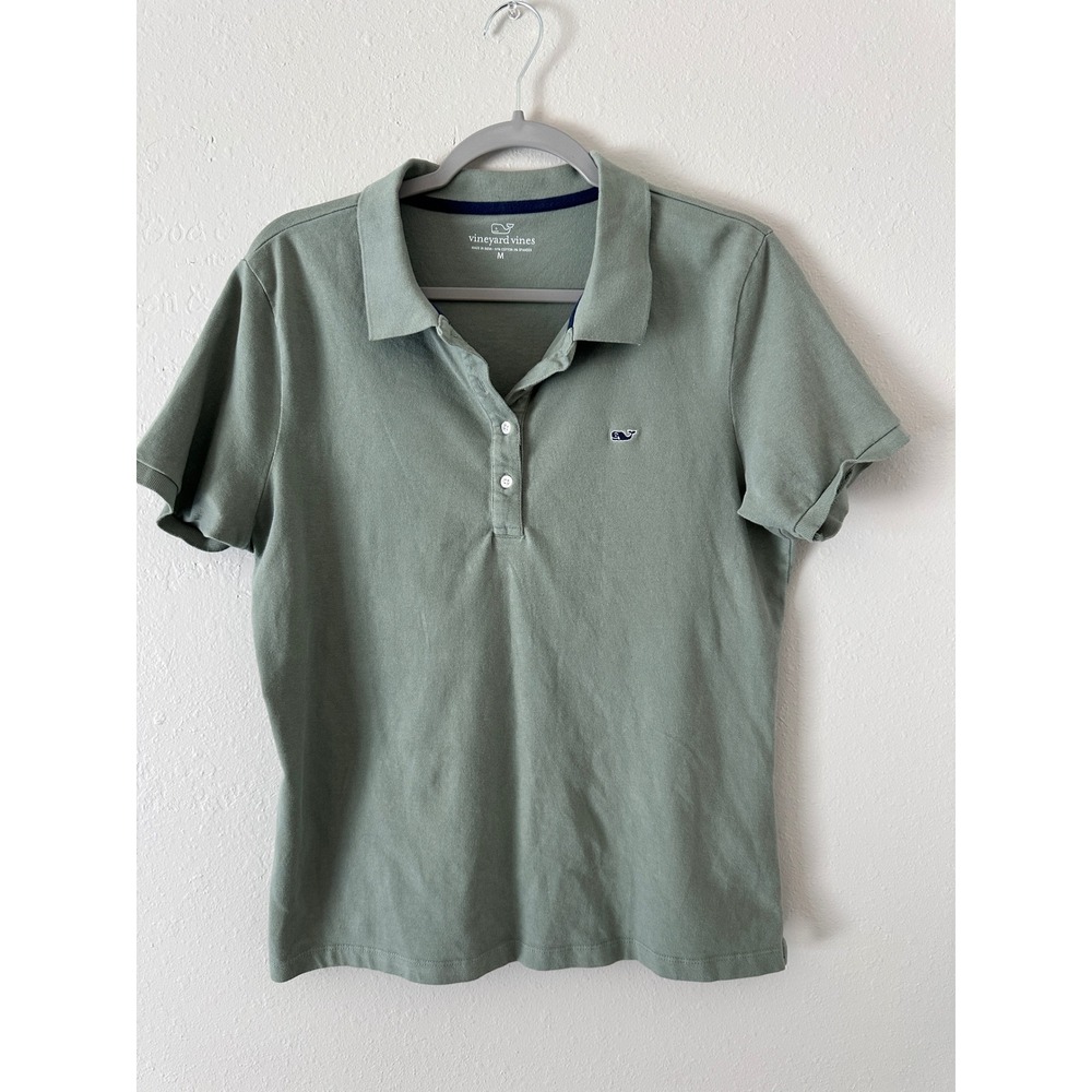 Vineyard Vines Womens Green Short Sleeve Polo Shirt SZ M Embroidered Whale Logo